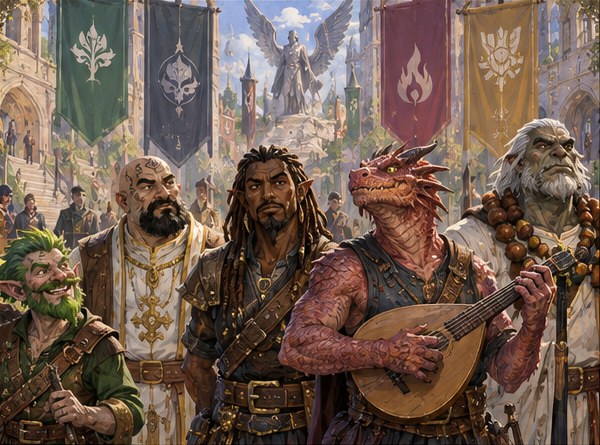 Leaf, Jesus Chroist, Sobek, Sploosh, and Z'thruk standing in a Strixhaven courtyard beneath the five college banners