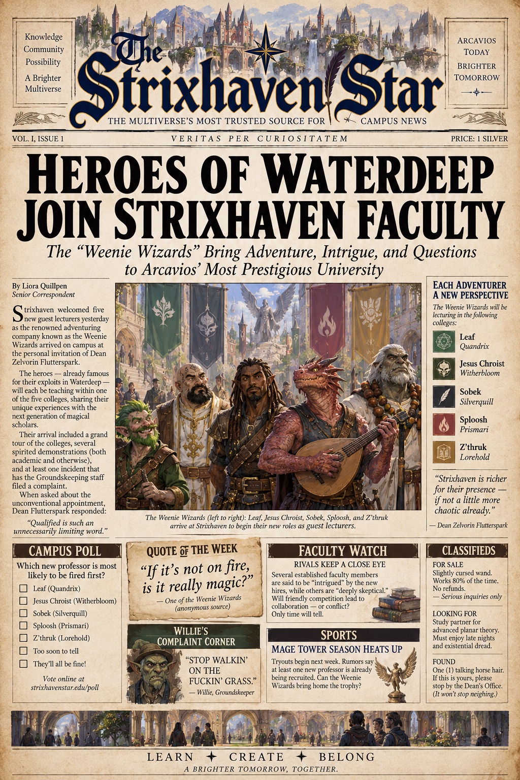 The Strixhaven Star, Vol. I, Issue 1: Heroes of Waterdeep Join Strixhaven Faculty